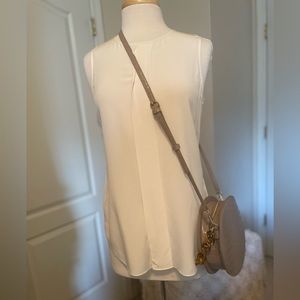 Madison West taupe faux croc, snakeskin round crossbody bag
